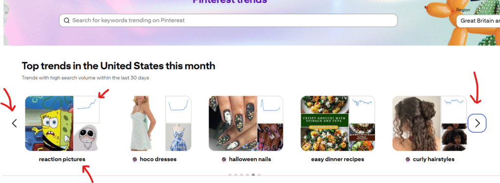 Pinterest Trends Carousel shows increasing trends.